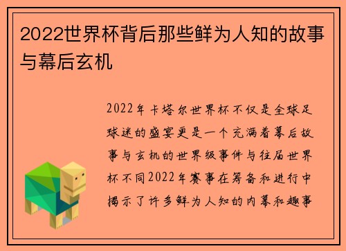 2022世界杯背后那些鲜为人知的故事与幕后玄机
