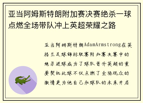 亚当阿姆斯特朗附加赛决赛绝杀一球点燃全场带队冲上英超荣耀之路