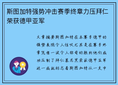 斯图加特强势冲击赛季终章力压拜仁荣获德甲亚军